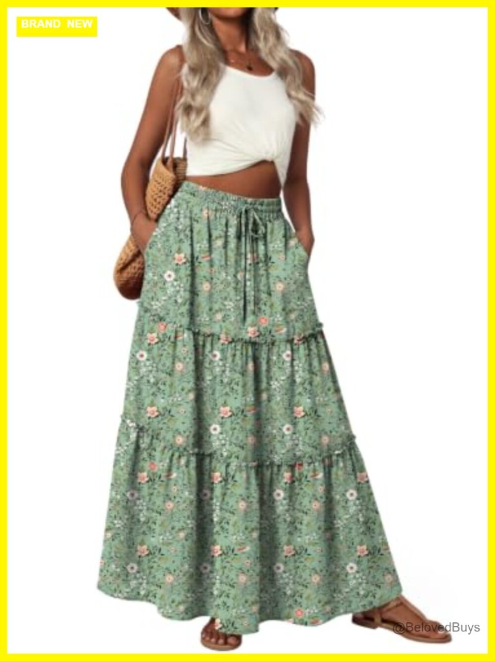 Boho Maxi Skirt High Waisted Drawstring Tiered Ruffle Hem Hidden Pockets
